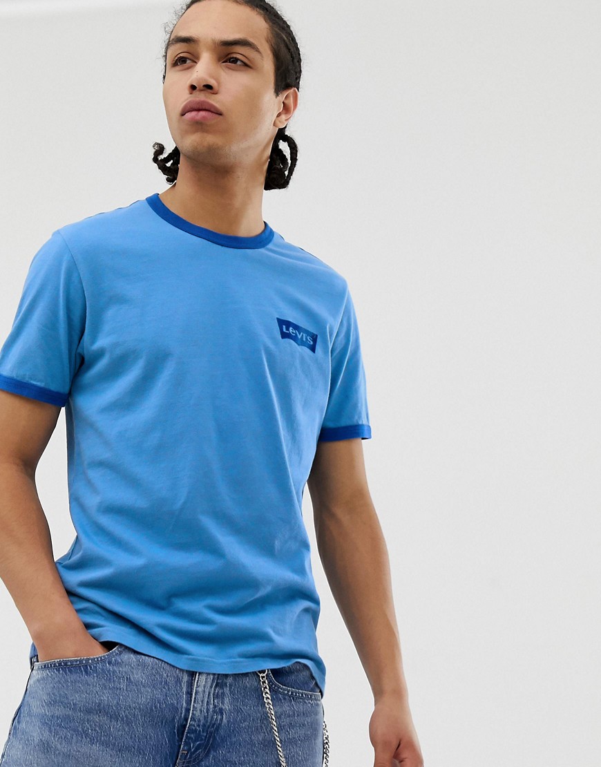Levi's - T-shirt azzurra con logo batwing piccolo e bordi a contrasto-Blu