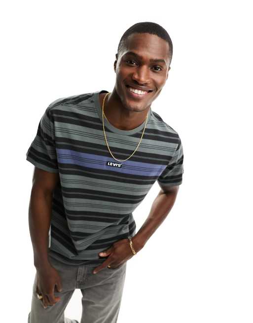 Levi's - T-shirt blu a righe con riquadro del logo piccolo
