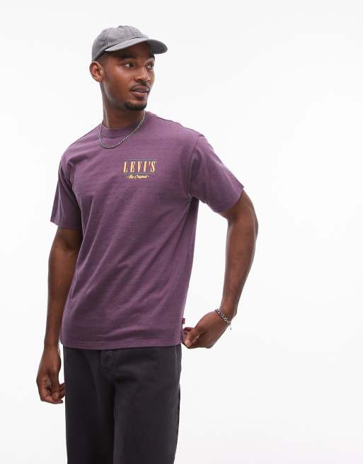 Levi's - T-shirt comoda viola e grigia a righe con logo vintage