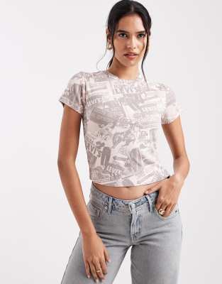 T-shirt effet rétréci à imprimé journal - Gris XS