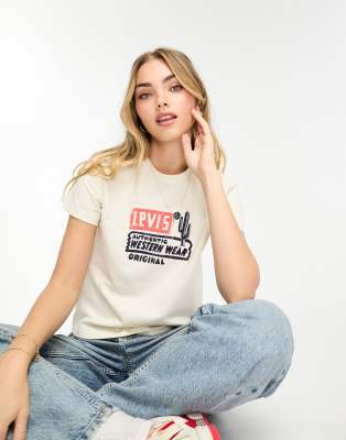 Levi's - T-Shirt in Creme mit Kaktus-Logo-Weiß