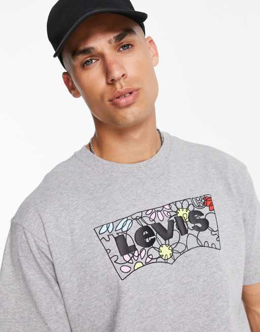Levi's – T-Shirt in Vintage-Passform mit geblümtem Logoprint im Fledermausflügel-Liniendesign in Grau