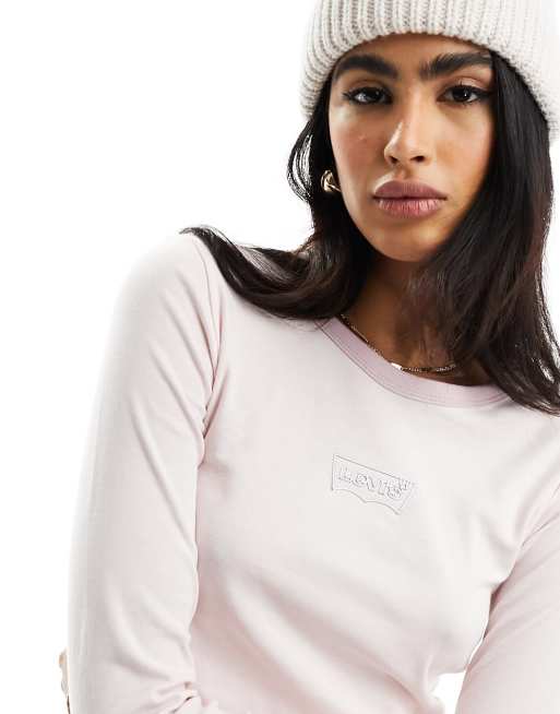 Levi's - T-shirt met lange mouwen, contrasterende randjes en klein logo in roze