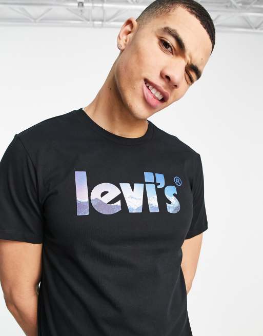 Levi s T shirt nera con logo stampato con panorama di montagna