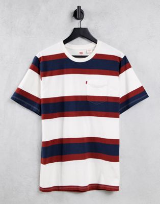 Nouveau Levi's - T-shirt rayé avec poche - Crème, rouge et bleu marine