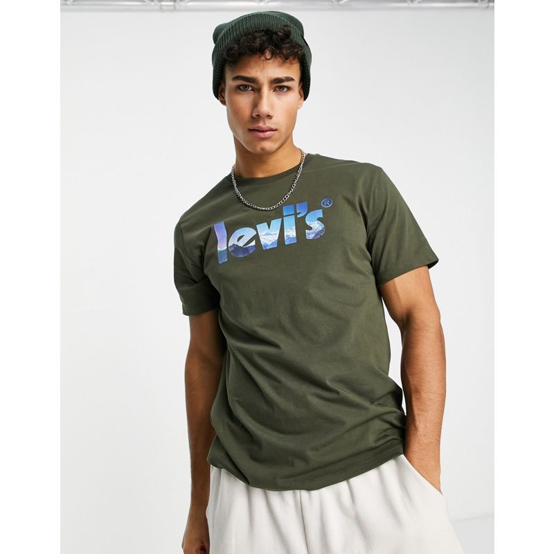 T-shirt e Canotte QXDtY Levi's - T-shirt verde con logo con panorama di montagna