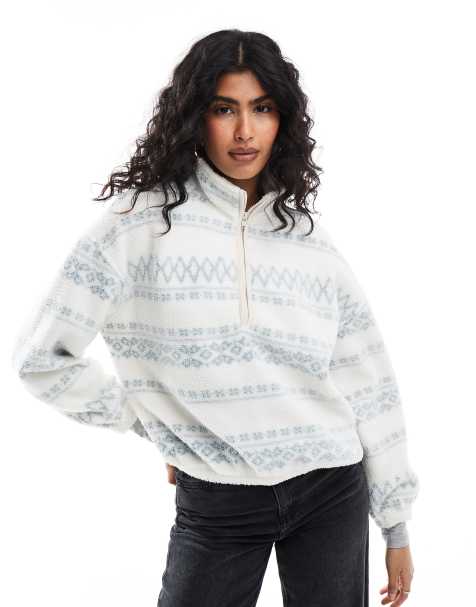 Levi's – Teddyfell-Sweatshirt in Beige mit kurzem Reißverschluss und Norwegermuster - view 1
