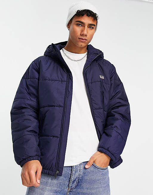 Levi's telegraph hooded puffer jacket in navy | ASOS