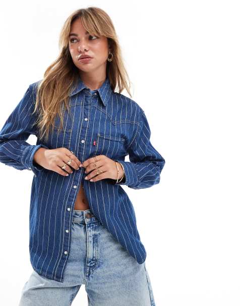 Levi's Teodora shine foil stripe western shirt in mid blue - view 1