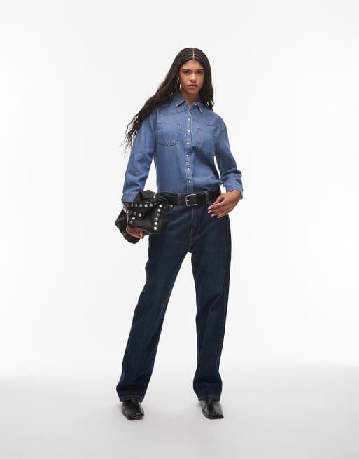 Levi's - Teodora - Western denim overhemd in middenblauw, 3 van 4