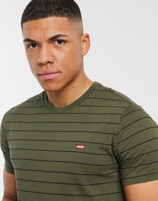 Levi's the original stripe t-shirt small batwing patch logo in olive night/ mineral bl