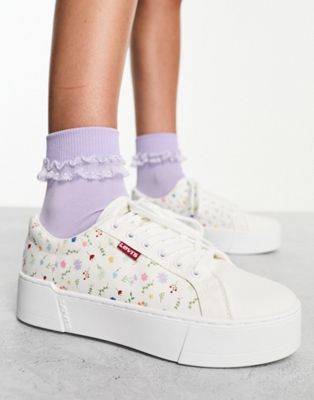 Levi's Tijuana platform trainers in white floral print with red tab logo