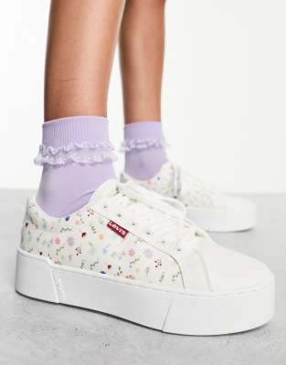 Levi's Tijuana platform trainers in white floral print with red tab logo