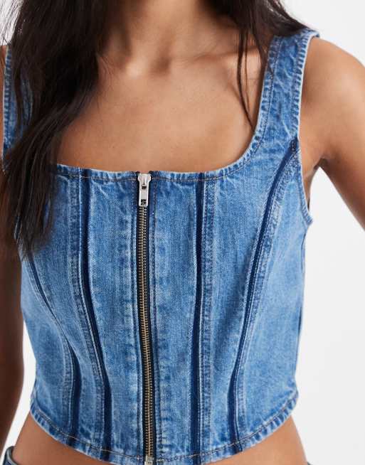 Levi's - Top di jeans a corsetto blu con scollo squadrato e cuciture, 4 di 4