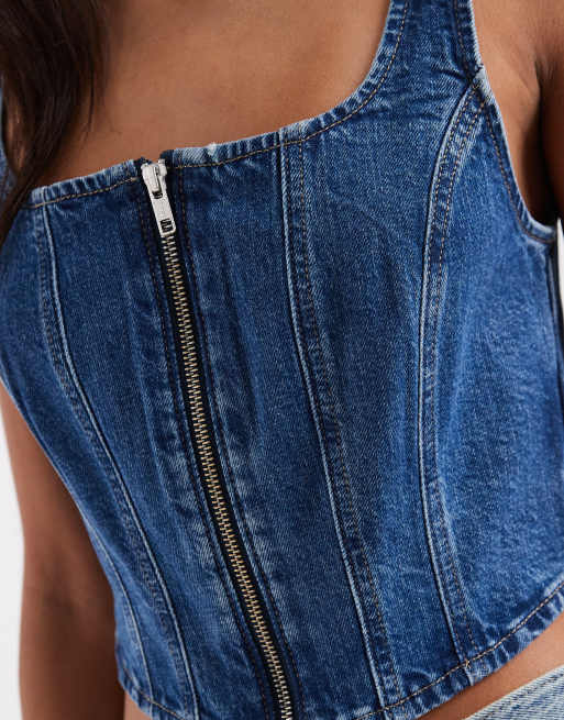 Levi's - Top di jeans a corsetto con scollo squadrato e cuciture color indaco, 4 di 4