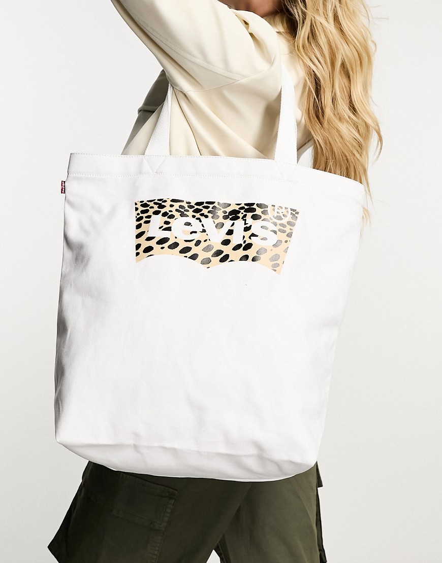Levi’s tote bag with leopard print batwing logo in cream-White