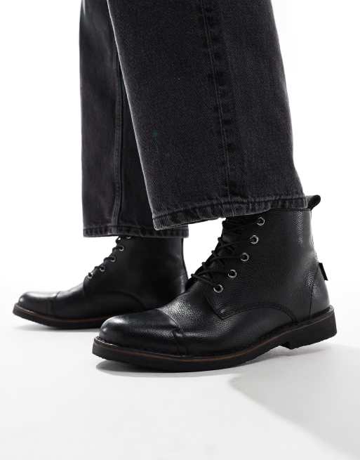 Mens black leather lace up boots best sale