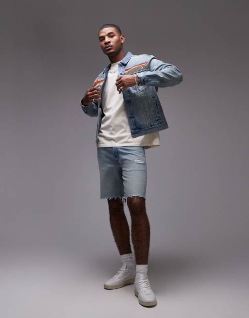 Levi's trucker jacket & distressed denim shorts set with scenic embroidery