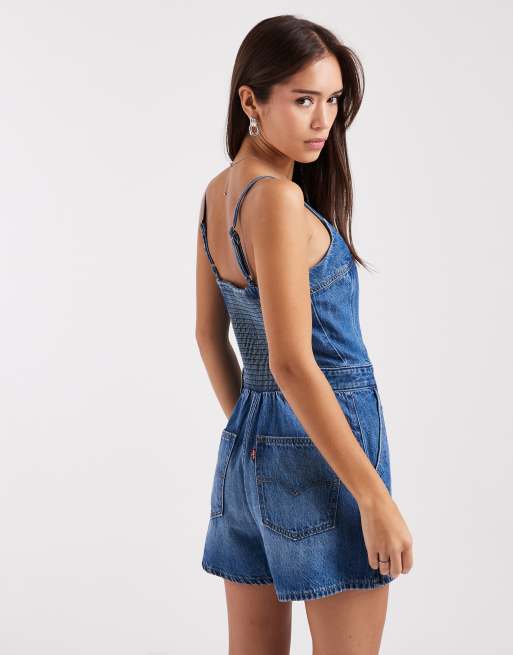 Levi's - Tuta corta di jeans lavaggio blu medio con zip , 4 di 4