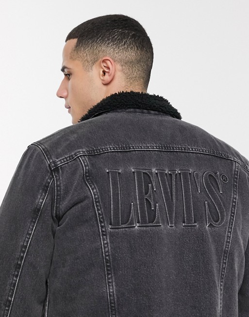 Levi's type 3 borg lined embossed back logo logo denim trucker jacket in black wash