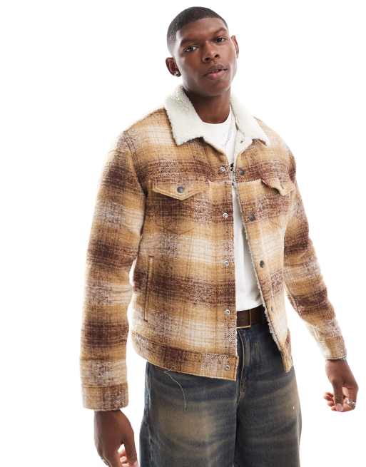 Levi's – Type 3 – Brązowa kurtka trucker w kratę z podszewką z kożuszka