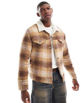 Levi's Type 3 check sherpa borg lined trucker jacket in brown