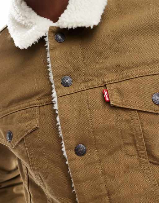 Levi s Type 3 sherpa canvas trucker jacket in tan