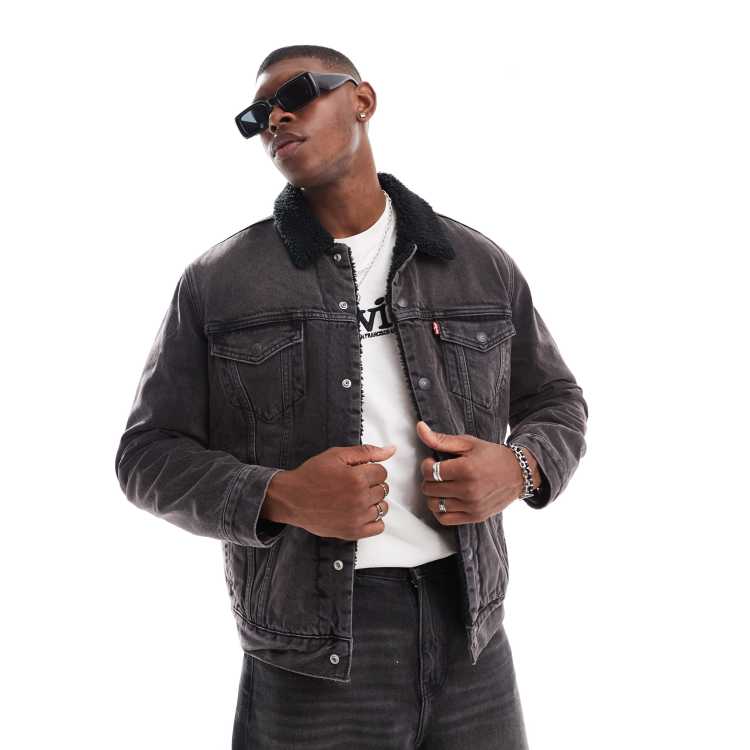 Levi s Type 3 sherpa denim trucker jacket in black ASOS