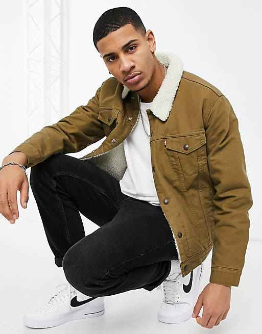 Levi's Type 3 sherpa lined canvas trucker jacket in cougar brown | ASOS