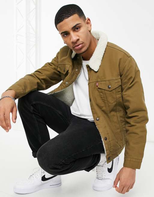 Levi s Type 3 sherpa lined canvas trucker jacket in cougar brown