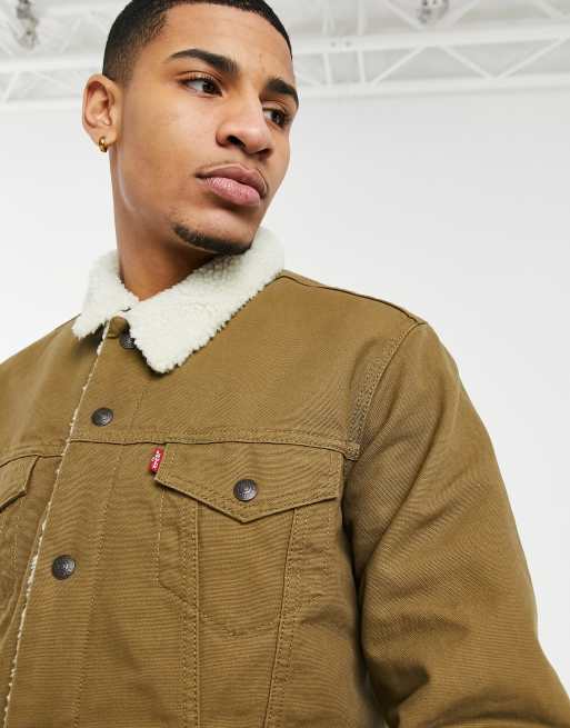 Levi s Type 3 sherpa lined canvas trucker jacket in cougar brown