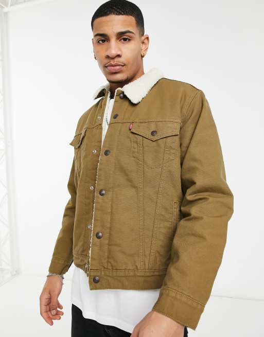 Levi's Type 3 sherpa lined canvas trucker jacket in cougar brown | ASOS