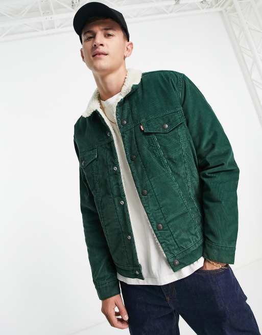 Levi's type 3 sherpa lined cord trucker jacket in green | ASOS