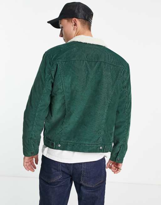 Levi's type 3 sherpa lined cord trucker jacket in green | ASOS