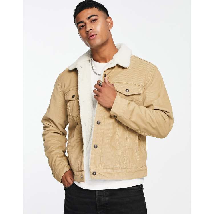 Levi's type 3 sherpa lined denim trucker jacket in cream cord | ASOS