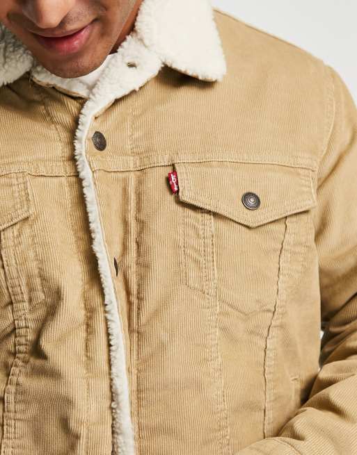 Levi's type 3 sherpa lined denim trucker jacket in cream cord | ASOS