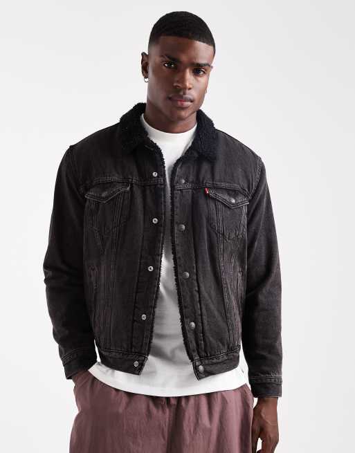 Levi's - Type 3 - Sort forvasket trucker-jakke i denim i sherpastil