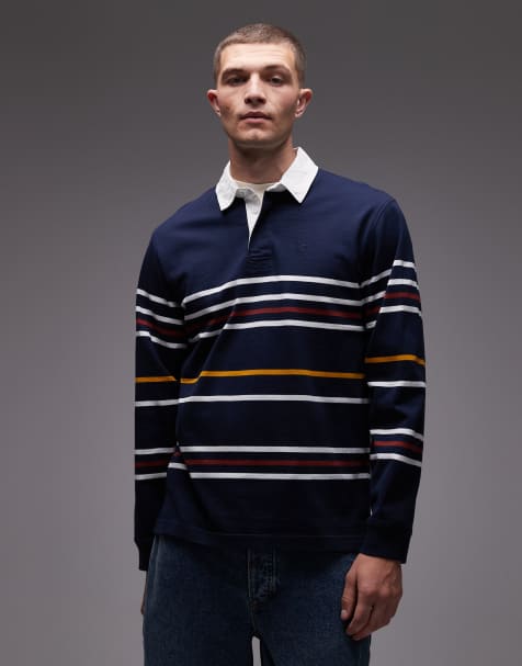 Levi's – Union – Marinblå, randig rugbytröja med tonad logga och pikékrage - view 1