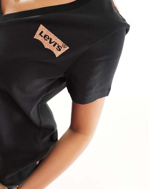 Levi s v neck t shirt with glitter small logo in black