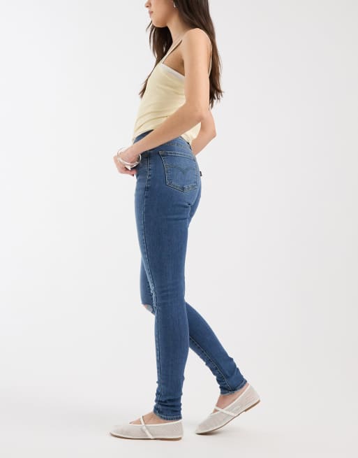 Levi's - Vaqueros denim superpitillo con rotos en azul oscuro, 3 de 5