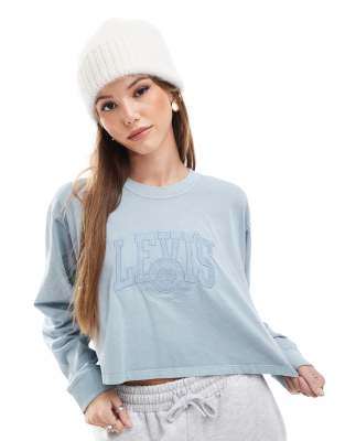 varsity tonal logo cropped long sleeve t-shirt in mid blue