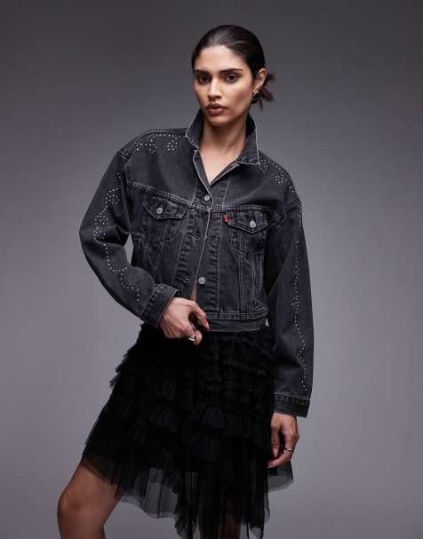 Levi's - Vasket sort krympet denimjakke med udsmykninger i 90'er-stil - view 1