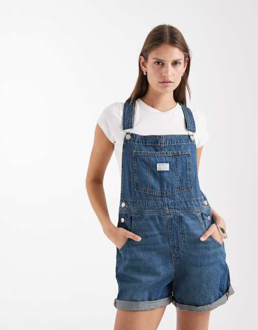 Levi's vintage fit denim short dungarees in mid blue