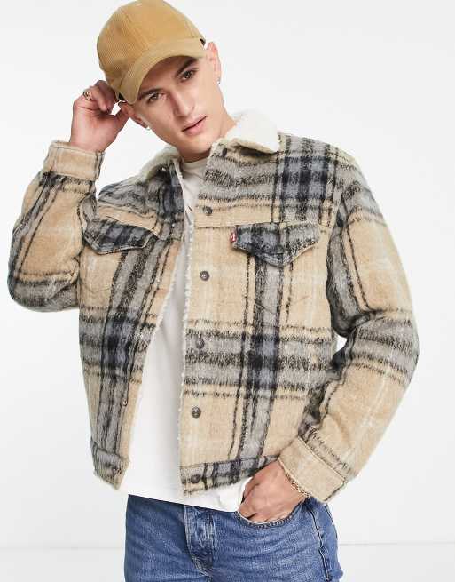 Levi's vintage relaxed fit sherpa lined check wool trucker jacket in beige