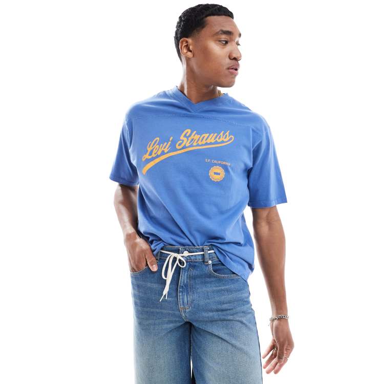 Levi s vneck atheltics script logo t shirt in blue ASOS