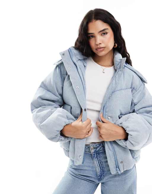 Levi s western shorty hooded denim bubble down puffer in light blue