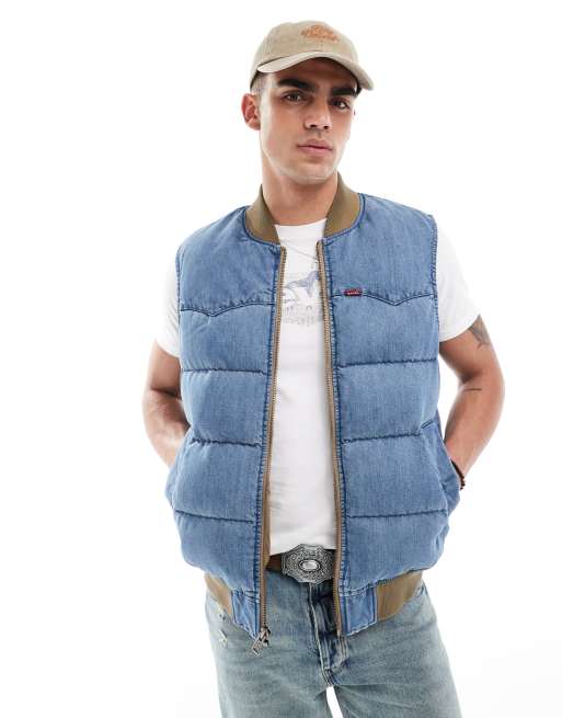 Levi's western super down denim puffer singlet in mid blue