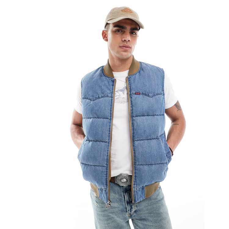 Levi's western super down denim puffer vest in mid blue | ASOS