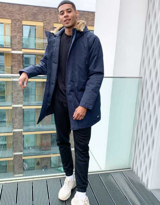 Levi s woodside long utility hooded parka jacket in navy