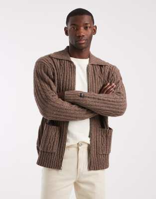 Levi's wool rich chunky knit zip through jumper in brown